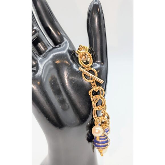 VTG Blue Cage Bead Faux Pearl Charm Gold Tone Chain Link Toggle Clasp Bracelet - Picture 2 of 7